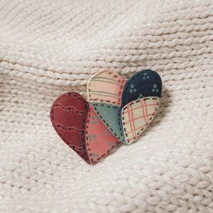 Vintage Handmade Wood Patchwork Quilt Heart Brooch